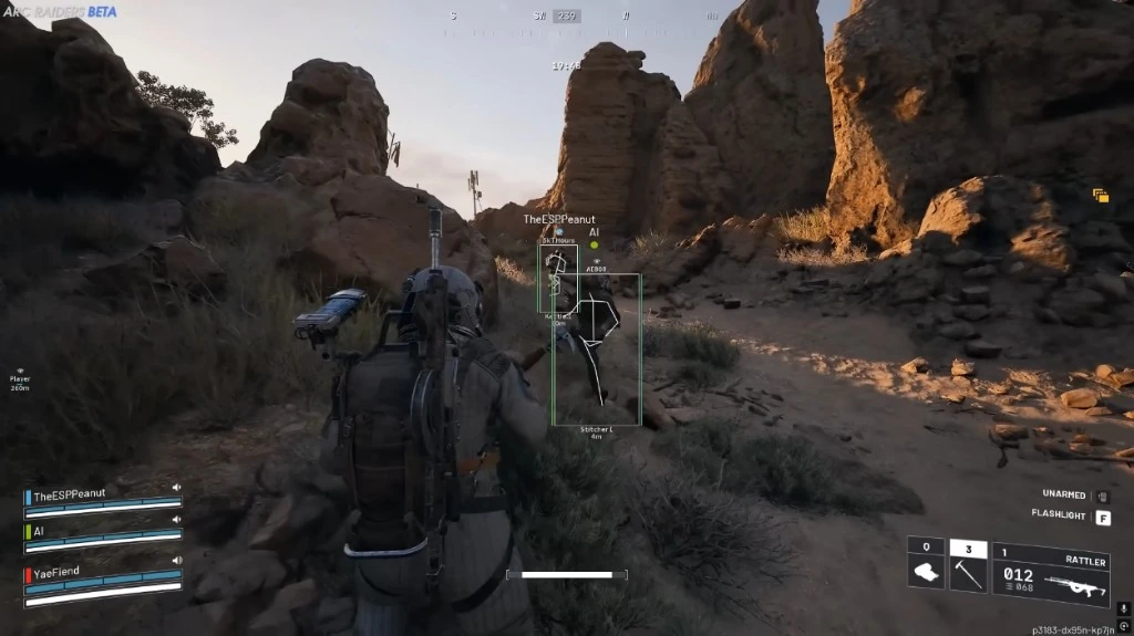 Arc Raiders outdoor combat with player ESP boxes and skeleton overlays on nearby raiders.
