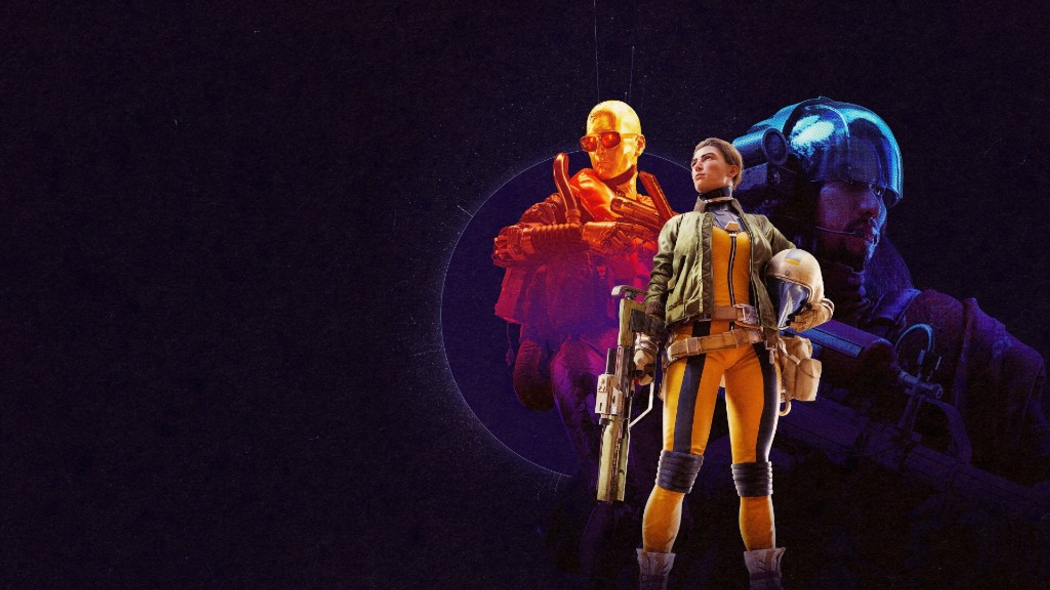 Arc Raiders key art: a raider in a yellow jumpsuit with a rifle and helmet, with orange and blue stylized allies on a dark cinematic background.
