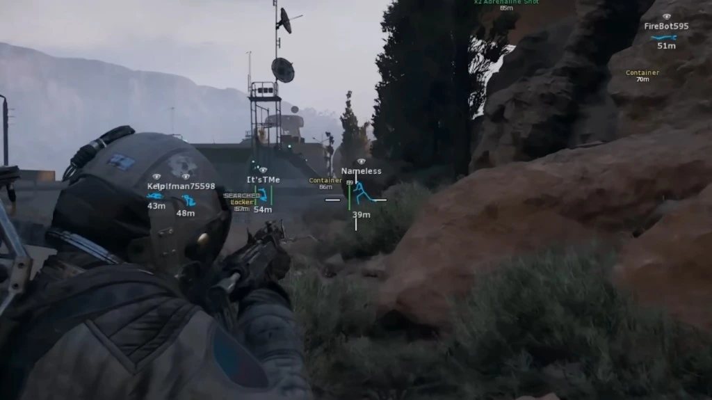 Arc Raiders scene with player name tags, distance labels, and loot container markers near a comms tower.