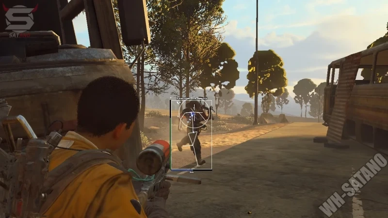 Arc Raiders indoor firefight with a player ESP box, skeleton overlay, and circular aim reticle on a target.